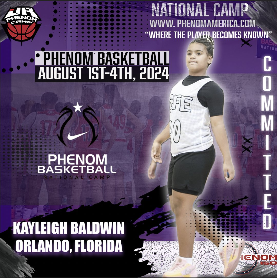 Phenom Basketball is Excited to announce that Kayleigh Baldwin from Orlando, Florida will be attending the 2024 Phenom National Camp in Orange County, Ca on August 1-4! #Phenomnationalcamp #Jrphenom #Phenom150 #Gatoradepartner #wheretheplayerbecomesknown