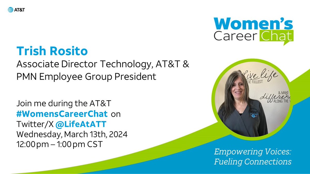 ATT PMN (@attpmn) on Twitter photo Join me on March 13, 2024, It’s Women’s History Month and our #Womenscareerchat returns on Wed. March 13th! Engage with insightful women leaders from #LifeAtATT and beyond. We would LOVE for you to join us!
Follow <a href="/LifeAtAtt/">Life at AT&T</a> to join in the conversation!
go.att.jobs/6011X6mNV Join me on March 13, 2024, It’s Women’s History Month and our #Womenscareerchat returns on Wed. March 13th! Engage with insightful women leaders from #LifeAtATT and beyond. We would LOVE for you to join us!
Follow <a href="/LifeAtAtt/">Life at AT&T</a> to join in the conversation!
go.att.jobs/6011X6mNV