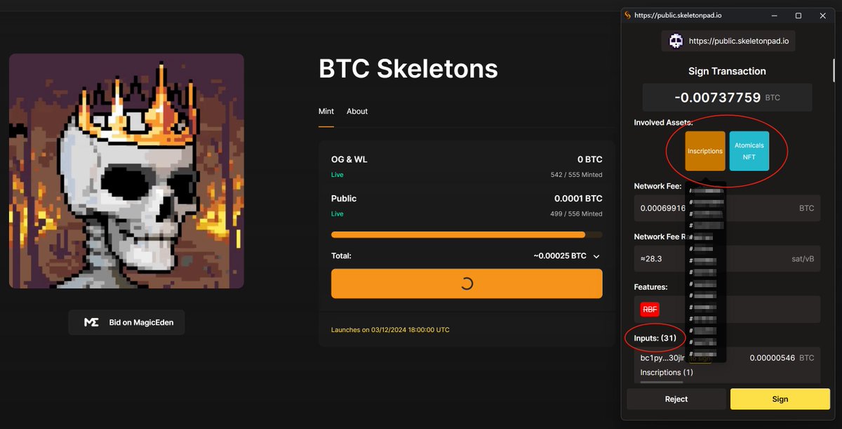 evilcos's tweet image. ⚠️比特币钓鱼又来了，理论上一键可以钓走目标钱包地址里的所有 UTXO，其中包括铭文资产、Atomicals 资产等，好在主流的几个钱包都会清楚地告诉用户哪些资产会变化。下一步需要安全提醒这种高风险操作了。