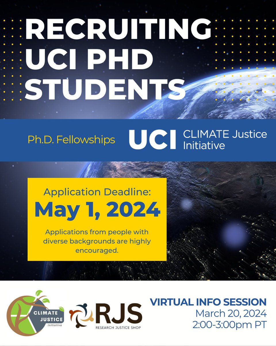 We are also recruiting current or incoming UCI Ph.D. students for UCI CLIMATE Justice Initiative! Open to students in any discipline (geoscience + STEM esp. encouraged) Apply today ➡️ forms.gle/1KcZH5w3aDKWSd… Virtual Zoom info session on 3/20 @ 2-3:30pm PT tinyurl.com/cji-info-2024