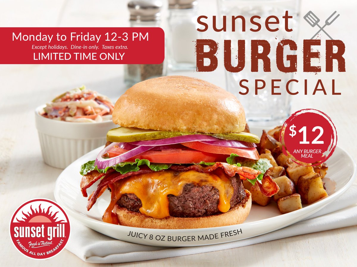 Craving a juicy burger? We've got you covered with our lunchtime special! 🍴🍔

Enjoy any burger meal for only $12*, available in-store Monday to Friday from 12 to 3 PM*.  

*Except holidays, dine-in only. Limited time. Price may vary by region. See in-store for details.