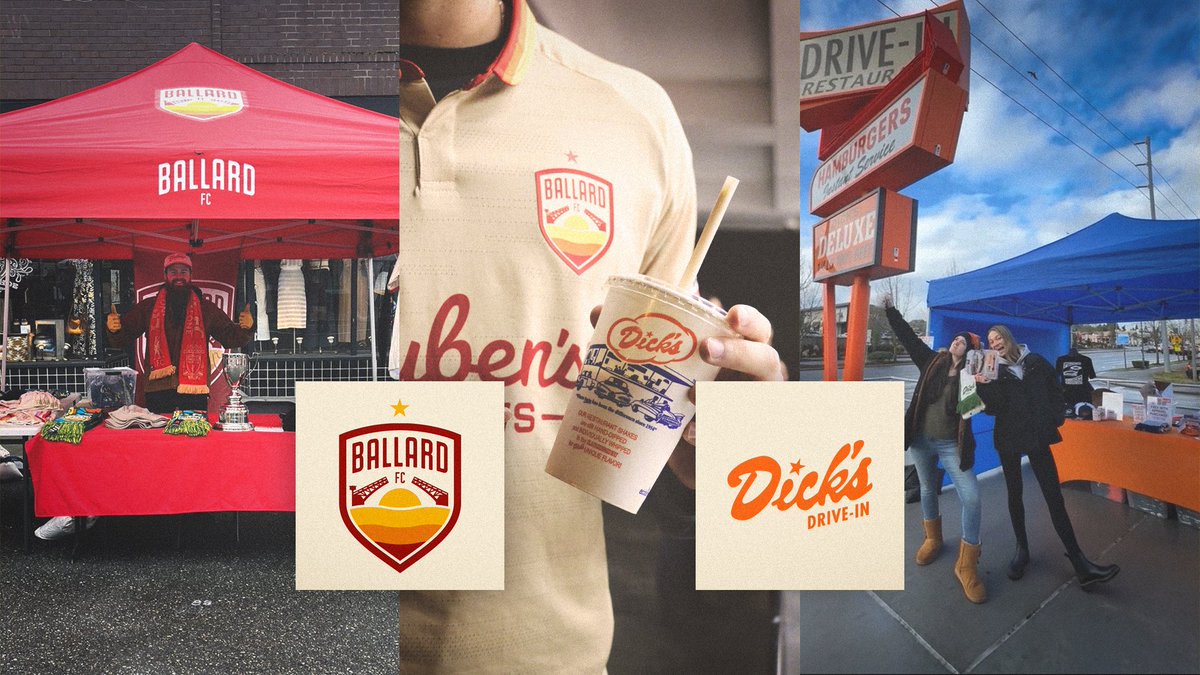 DicksDriveIns's tweet photo. ๐จPOP-UP ALERT๐จ @GoBallardFC & ๐๐ช๐ค๐ฌโ๐ด Drive-In will be at our Holman Road location tomorrow from 11:30 AM to 2:30 PM! Stop by and pickup your favorite merch!
.
.
.
#popupshop #seattle #dicksdrivein #ballardfc https://t.co/CH5TCW4cyM