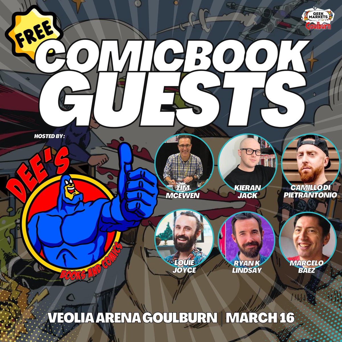 GPComix's tweet photo. Join me and these awesome buggers in Goulburn this Saturday! @cam_illo88 @LouieJoyce @ryanklindsay @MarceloBaez_1 @DeesComics #geekmarkets #goulburn https://t.co/cX2aTadxvB
