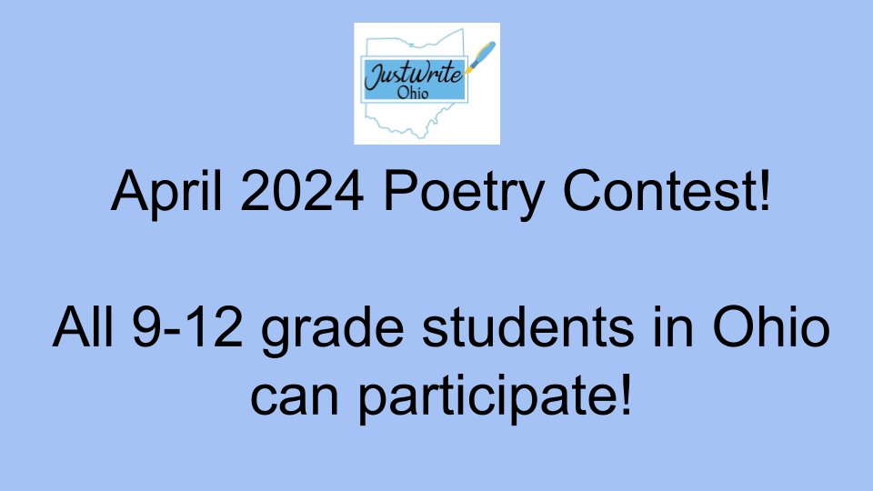 It's time for a Poetry Contest! See the attached document for details, but this contest is open to all 9-12 grade students in Ohio. Please share with your friends! docs.google.com/document/d/1TH… We can't wait to read and highlight the amazing words of Ohio's teens!
