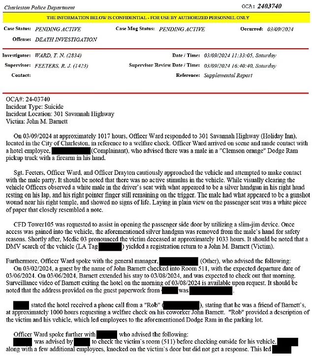JUST IN: A suicide note was allegedly found next to Boeing whistleblower John Barnett who was found dead in his truck with a gun in his hand

A hotel staff member found Barnett after someone contacted the hotel for a wellness check on him.

Barnett had his "right pointer finger