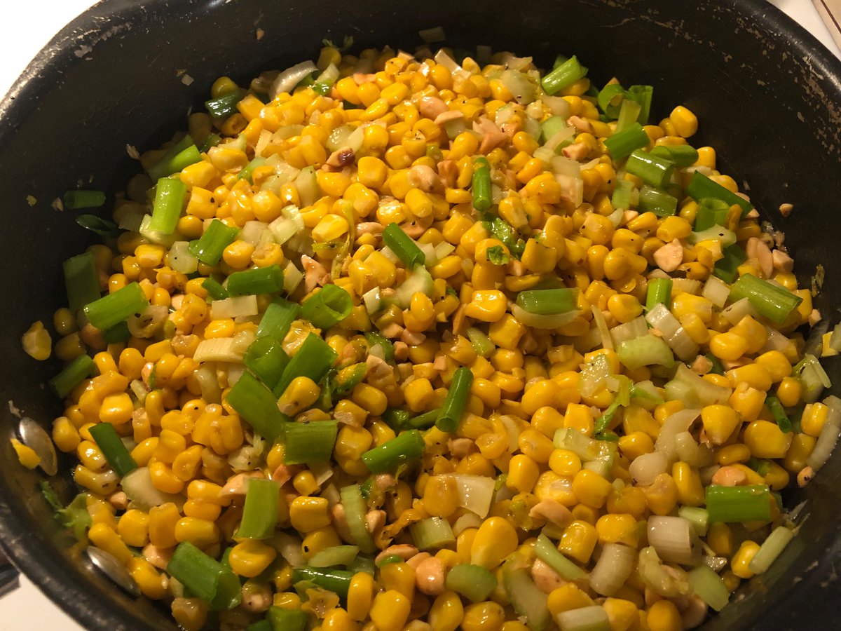 Corn and celery stir-fry with peanuts—the celery is gone now! #GrinnellHermitCookery