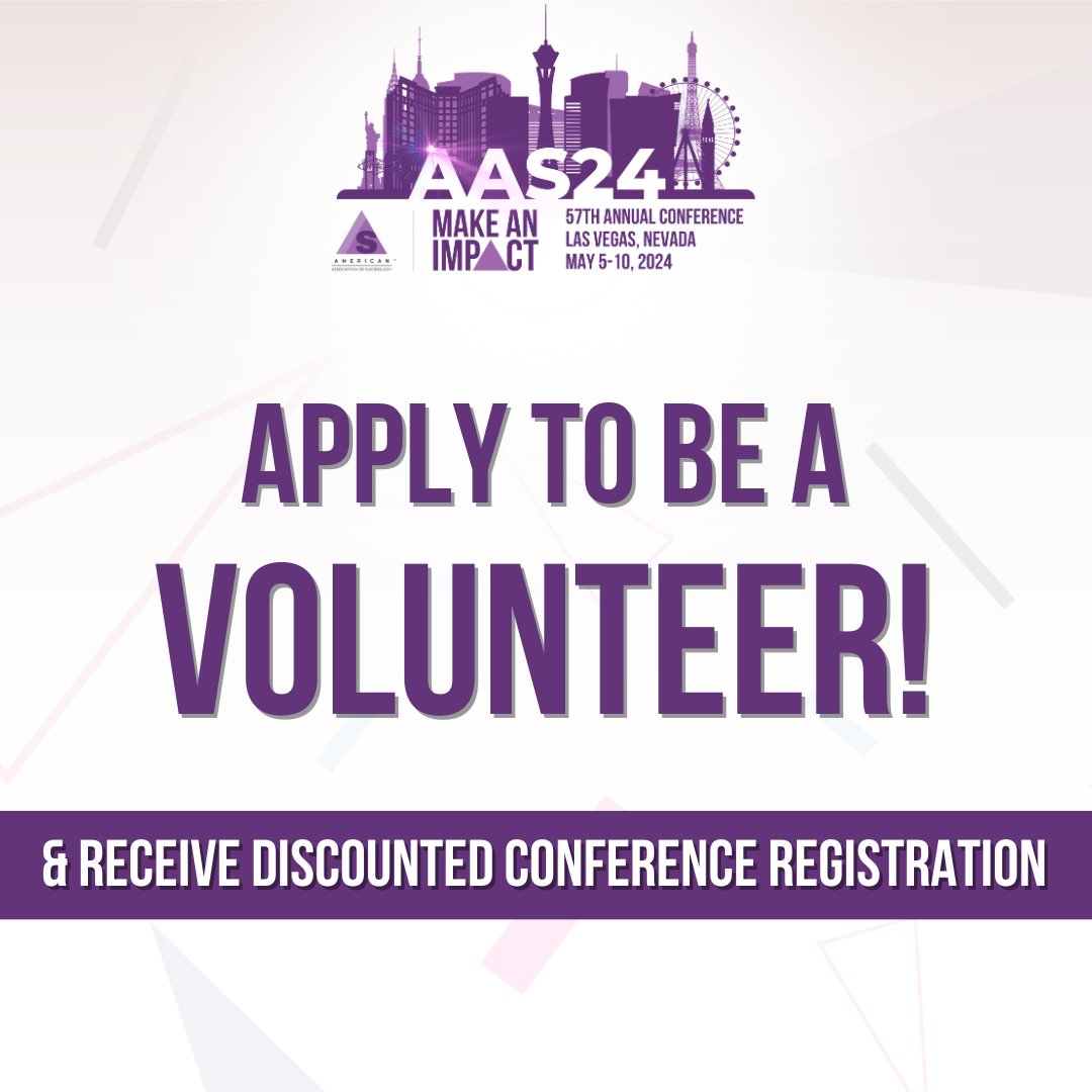 #AAS24 volunteers will play a vital role in the success of our conference while enjoying up to 25% off of their registration fees! Apply at forms.office.com/r/7NpPgyni8z ACT FAST! The deadline is March 16! #AAS #AASMakeAnImpact #suicideprevention #mentalhealth