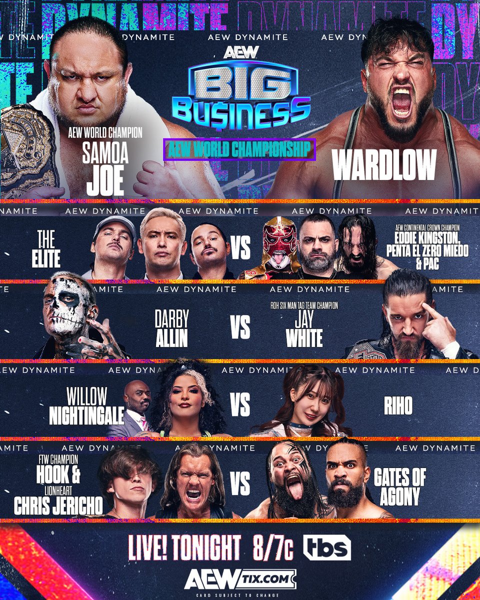 TONIGHT It's #AEWBigBusiness #AEWDynamite at the @tdgarden in BOSTON! All the action starts at 8pm ET/7pm CT LIVE on @TBSNetwork!