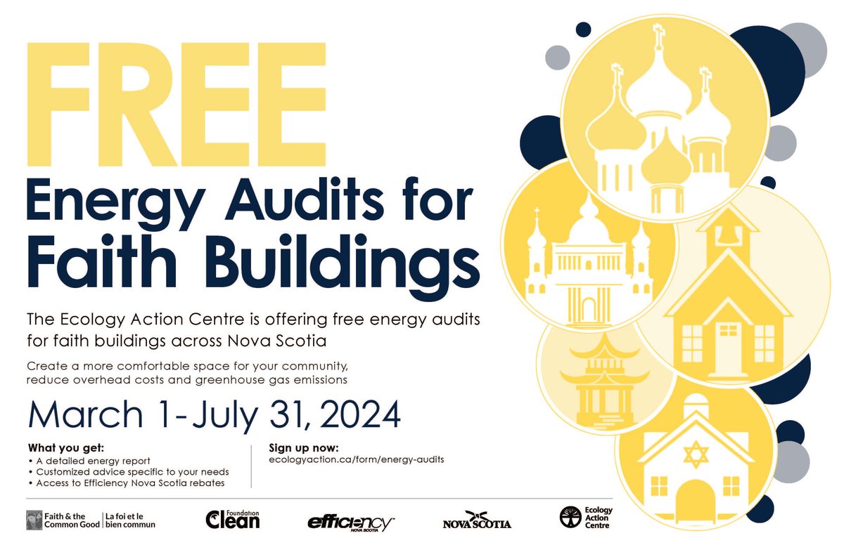 Faithful Footprints Atlantic Regional Support Centre, <a href="/EcologyAction/">Ecology Action Centre (EAC)</a> is offering 30+ FREE #energyaudits for faith buildings across #NovaScotia from March 1 – July 31, 2024. Take advantage of the opportunity: ecologyaction.ca/form/energy-au…