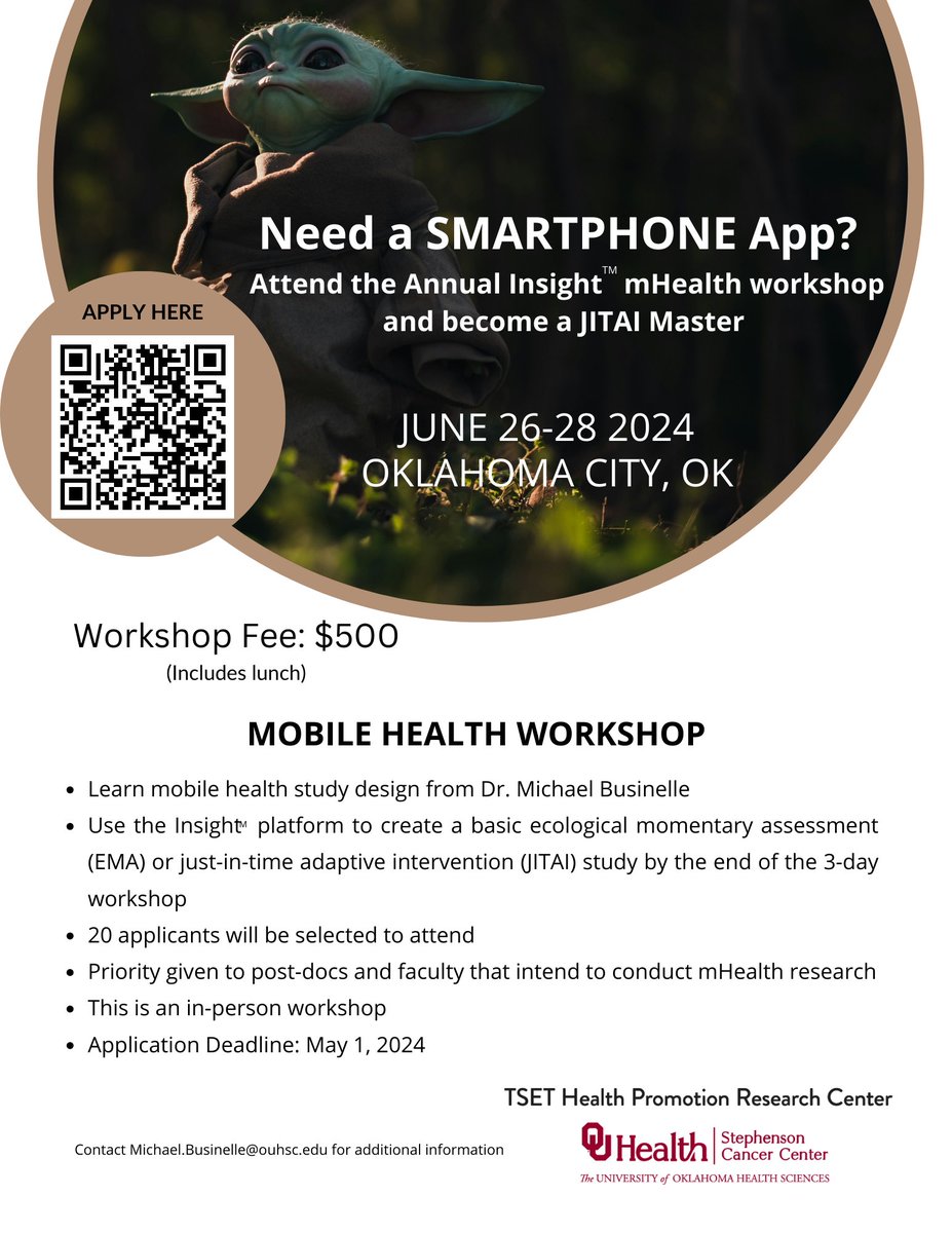 Stop_Smokin_now's tweet photo. Want to become a JITAI master? Attend the 3-day Insight mHealth Workshop to get hands-on experience in creating mHealth/EMA/JITAI apps. Apply: https://t.co/rgFEwVj13I…… Dates: June 26-28.
@SBMDigitalHlth @srntorg @CPDDorg @ABCTtechsig @BehavioralMed @ABCTNOW #mhealth #SBM2024 https://t.co/1jTAJe6mmH