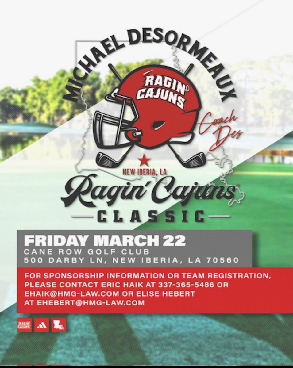 Krewe Allons (@kreweallons) on Twitter photo ⏱️ Time’s running out! Don’t wait any longer to get your teams together and sponsorships in for the Coach <a href="/michaeldes1/">Michael Desormeaux</a> 𝐑𝐚𝐠𝐢𝐧’ 𝐂𝐚𝐣𝐮𝐧𝐬 𝐂𝐥𝐚𝐬𝐬𝐢𝐜! ⛳️ Friday, March 22 at the beautiful Cane Row Golf Club. All proceeds go to support <a href="/RaginCajunsFB/">Louisiana Ragin’ Cajuns® Football</a>! ⏱️ Time’s running out! Don’t wait any longer to get your teams together and sponsorships in for the Coach <a href="/michaeldes1/">Michael Desormeaux</a> 𝐑𝐚𝐠𝐢𝐧’ 𝐂𝐚𝐣𝐮𝐧𝐬 𝐂𝐥𝐚𝐬𝐬𝐢𝐜! ⛳️ Friday, March 22 at the beautiful Cane Row Golf Club. All proceeds go to support <a href="/RaginCajunsFB/">Louisiana Ragin’ Cajuns® Football</a>!
