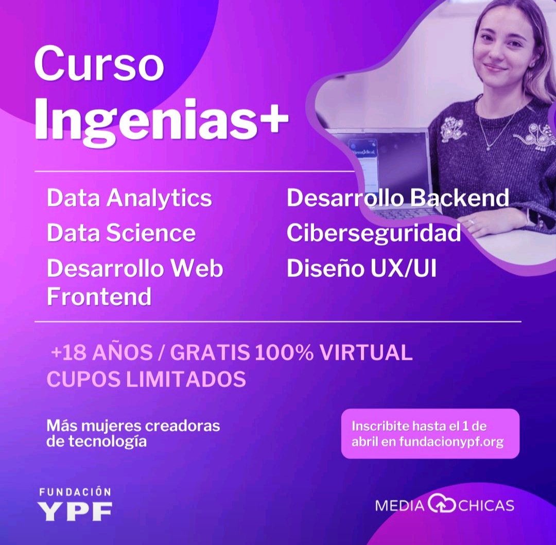 natayadev's tweet photo. Volvió el programa Ingenias+ de @mediachicas 💜 para mujeres de +18 años.

Con cursos gratuitos y online a elegir sobre data, desarrollo, diseño y ciberseguridad 👇🌟 https://t.co/G6NlHRu49L