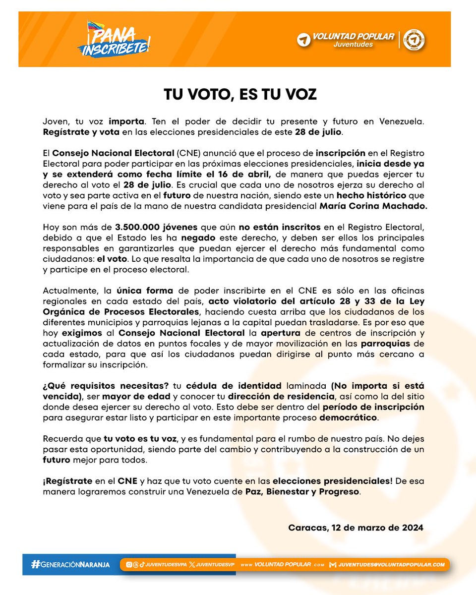 VoluntadPopular's tweet photo. ¡Pana, tu voto, es tu voz! 🗣️🇻🇪

Desde @JuventudesVP nos dirigimos a ustedes, a esos más de 3.500.000 de jóvenes que no están inscritos en el RE, ustedes que tienen en sus manos el poder de cambiar el rumbo de nuestro país, el poder de decidir nuestro presente y futuro en Paz, Bienestar y Progreso.

Este momento histórico nos exige asumir el rol activo de los asuntos públicos junto a nuestra candidata @MariaCorinaYA en la construcción de #LaMejorVenezuela en oportunidades para todos; dónde tengamos acceso a un fondo de desarrollo, nuevas tecnologías,  seguridad y atención integral, primer empleo, intercambios científicos y culturales ¡Todo esto, y más! 

Solo necesitamos de ti, del poder de tu voto. 🗳️ ¿Qué esperas para hacerlo? 

#PanaInscríbete 🇻🇪🤟🏽