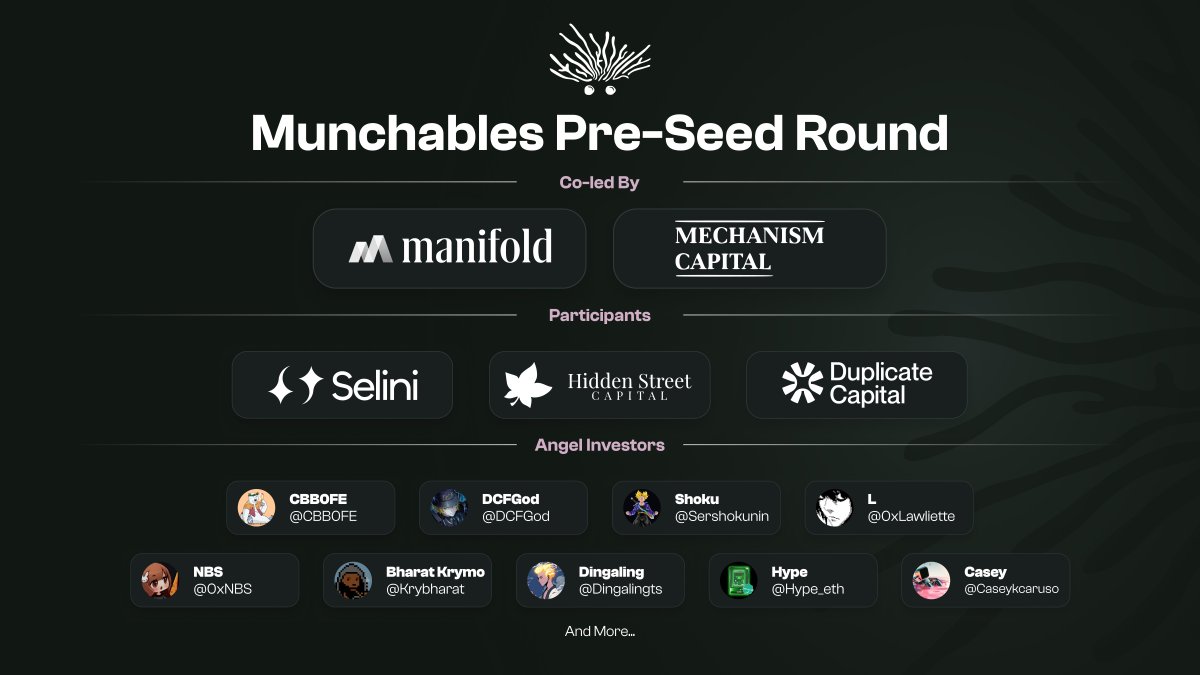 Big step for the smol creatures.

We're proud to announce the completion of our pre-seed round led by the gigabrains at <a href="/ManifoldTrading/">Manifold</a> and <a href="/MechanismCap/">Mechanism Capital</a> with participation from <a href="/SeliniCapital/">Selini Capital</a>, <a href="/HiddenStreetCap/">Hidden Street</a>, <a href="/duplicate/">Duplicate Capital</a> and our amazing Angels tagged below.

Munch szn soon. 👀