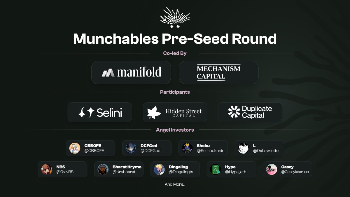 Big step for the smol creatures. We're proud to announce the completion of our pre-seed round led by the gigabrains at @ManifoldTrading and @MechanismCap with participation from @SeliniCapital, @HiddenStreetCap, @duplicate and our amazing Angels tagged below. Munch szn soon. 👀