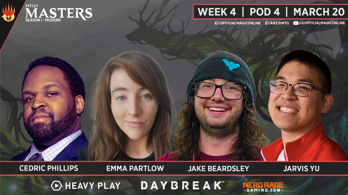 Watch week 4 of the MTGO Masters series, featuring: @makememesnotwar, @emmadpartlow, @jkyu06, and @CedricAPhillips Tune in for a chance at some Heavy Play giveaways! Coverage starts at 1:00pm PT. twitch.tv/anzidmtg twitch.tv/officialmagico…