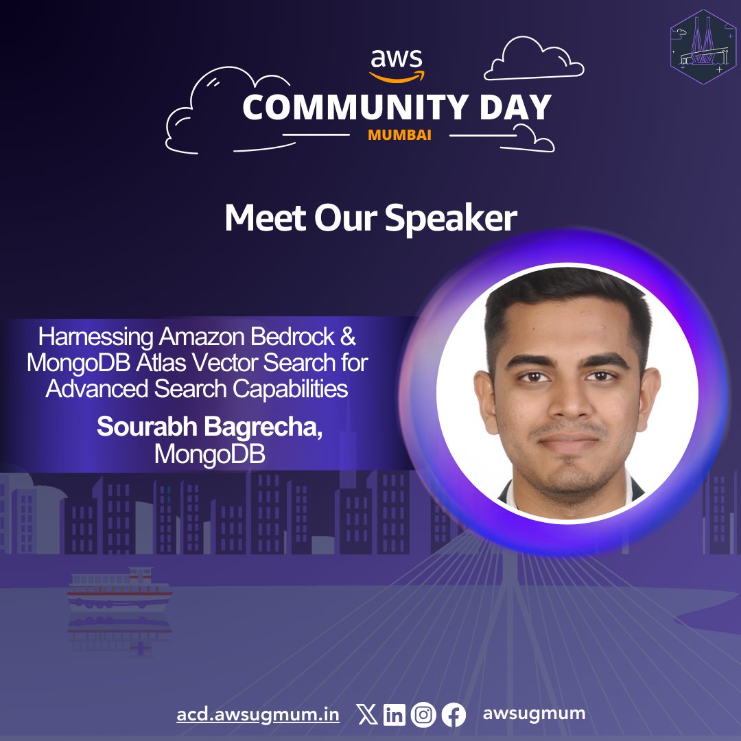 🚨 I'm proud to announce @MongoDB as a sponsor of @awsugmum AWS Community Day on April 6! 🌟Join #MongoDB Dev Advocate @sourabhbagrecha's session on 'Harnessing #AmazonBedrock & #MongoDBAtlas #VectorSearch for Advanced Search Capabilities.' 👉 Register: bit.ly/awscd-mumbai24