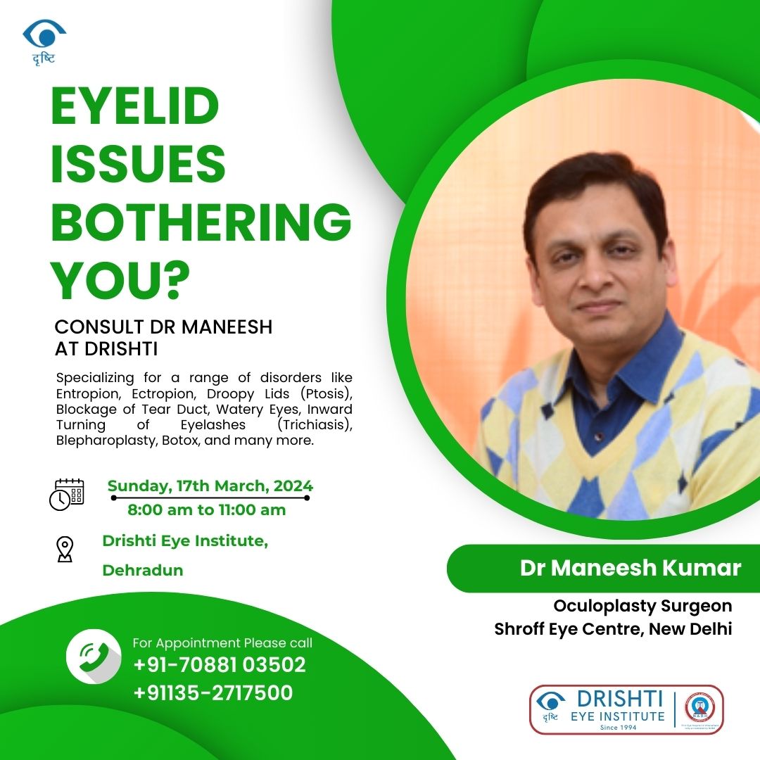 Dr. Maneesh Kumar is bringing his expertise in Oculoplasty to Drishti Eye Institute.
Consultations and surgeries are available for eyelid disorders, blepharoplasty, Botox, and more 
#drishtidehradun #drishtieyeinstitute #VisionForAll #EyeCare #EyeHealth #EyeHospital #HealthyEyes