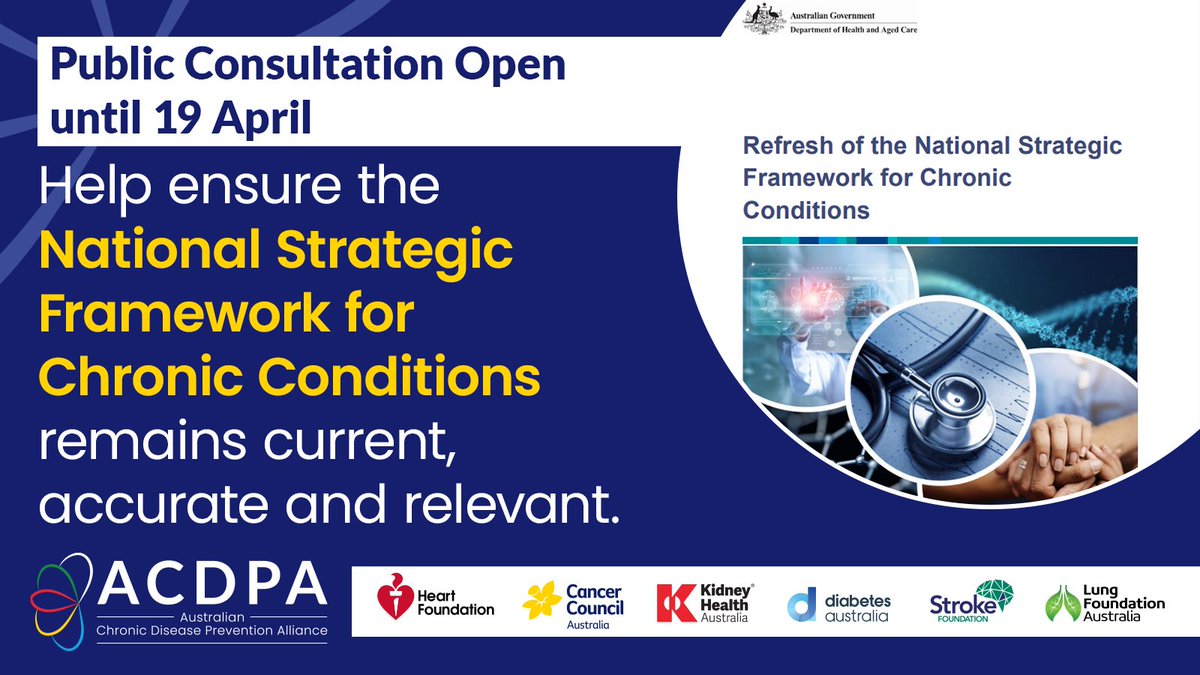 👂@HealthGovAU wants to hear from YOU on Australia's approach to #ChronicDisease prevention & management. Read the consult. paper & complete a survey by 19April to participate in a review & refresh of the Nat'l Strategic Framework for #ChronicConditions: consultations.health.gov.au/hearing-servic…