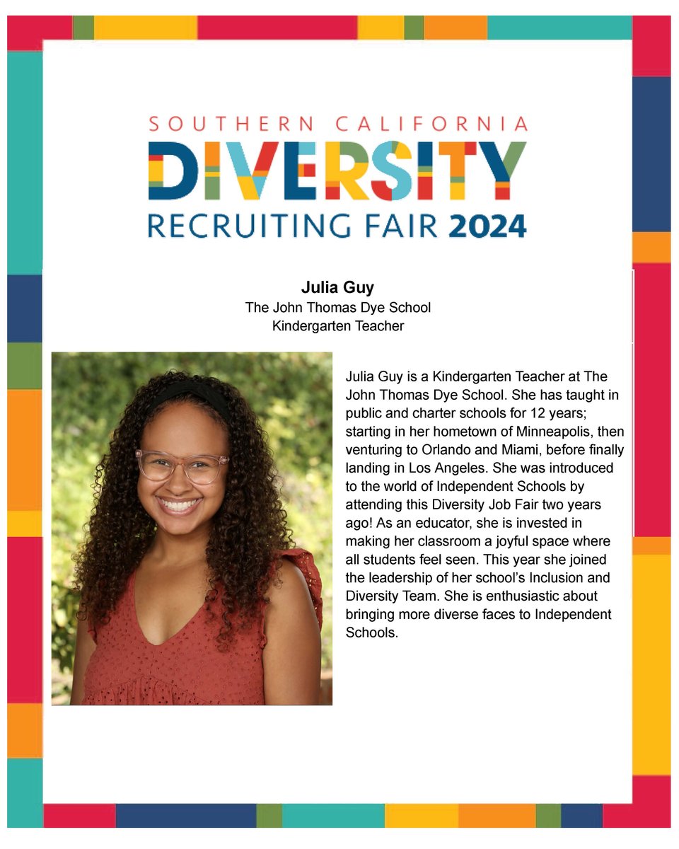 Don't miss Kindergarten teacher Julia Guy this weekend's Southern California Diversity Recruiting Fair. Thank you, Julia, for representing JTD!