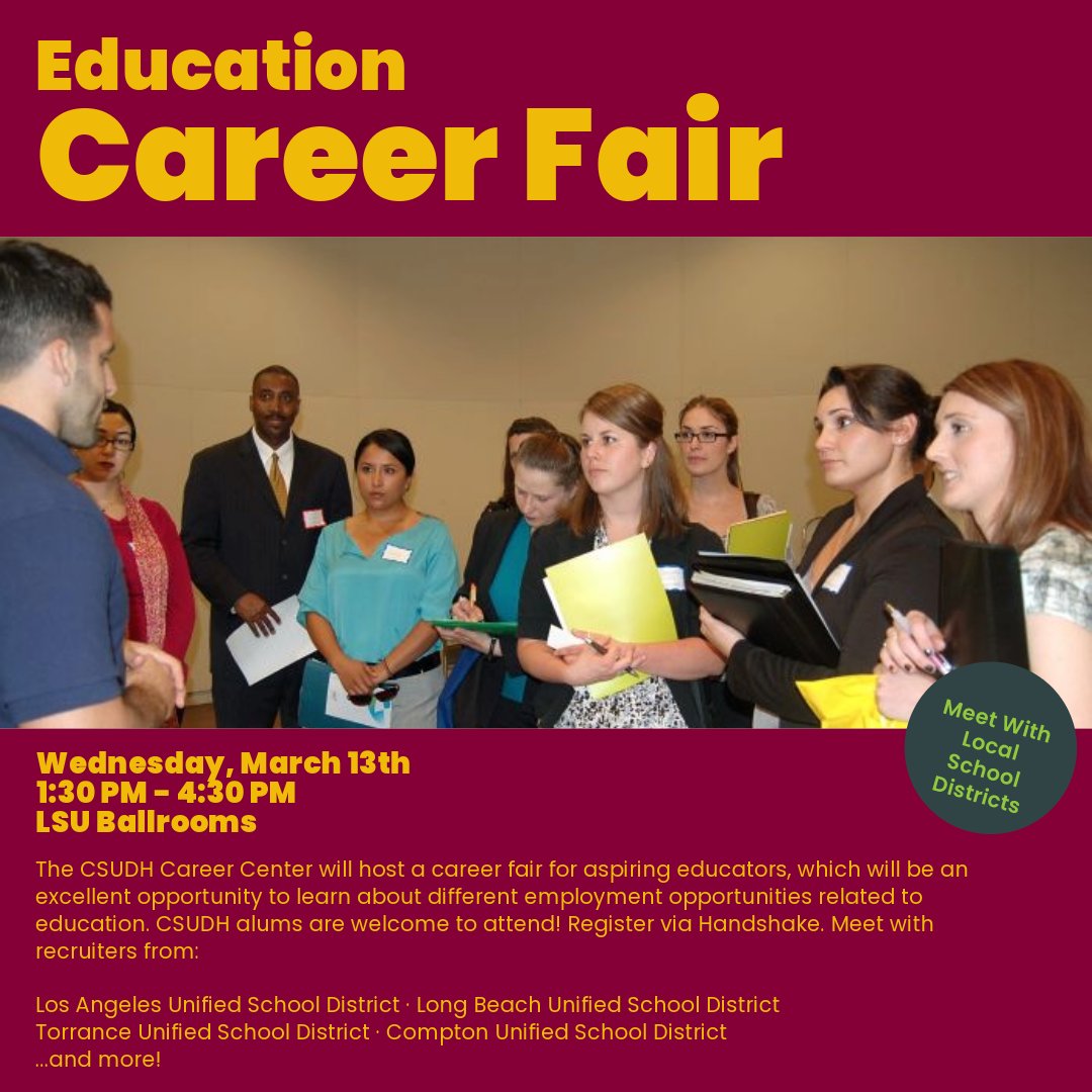 CSUDHEducation's tweet photo. 📢 Attention current/aspiring K-12 teachers, counselors, nurses &amp; administrators! Make sure to attend the Education Career Fair hosted by @DHCareerCenter tomorrow from 1:30PM-4:30PM in @csudh_lsu ballrooms. Register on Handshake→https://t.co/Y5vs6gJgpg

#COEPride 🍎 #WeAreCOE 🥇 https://t.co/qP4xnU394y