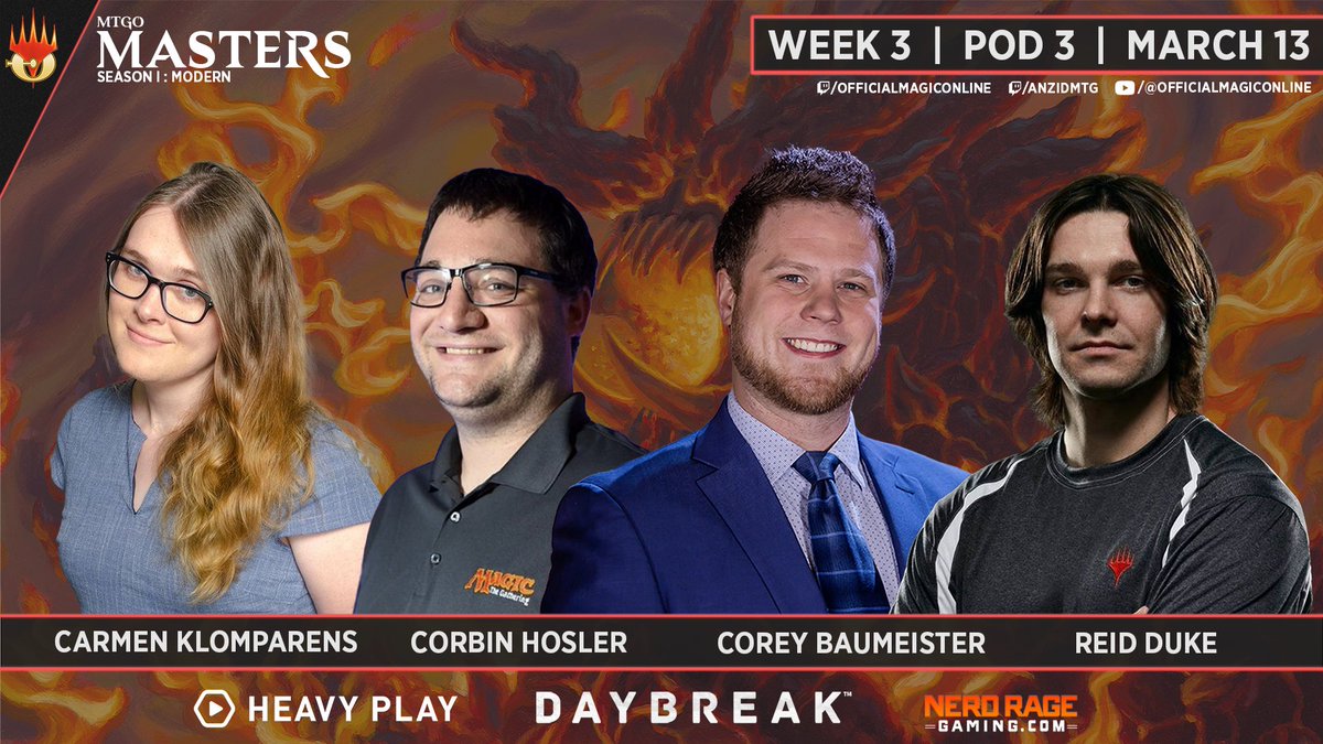 We're back with week 3 of the MTGO Masters series! 🧙 Watch as @CoreyBaumeister, @Chosler, @Em_TeeGee, and @ReidDuke take to the stage starting at 1:00pm PT. And tune in for a chance at some Heavy Play giveaways! twitch.tv/anzidmtg twitch.tv/officialmagico…