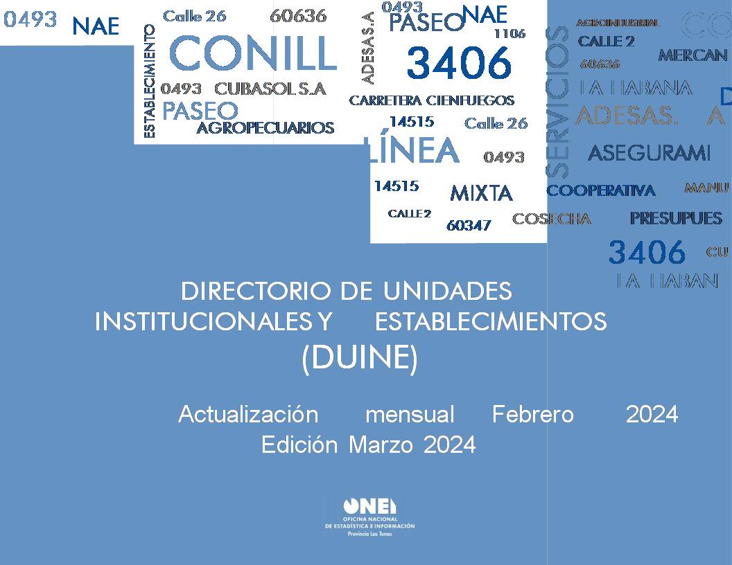 Las_Tunas_ONEI's tweet photo. A tenor del Decreto No.9 y Reglamento del Decreto-Ley No. 6 Del Sistema de Información del Gobierno, la #ONEI, determina, elabora y actualiza el Directorio de Unidades Institucionales y Establecimientos #DUINE.
#ONEILasTunas dispone de la actualización mensual Febrero 2024. https://t.co/F6k6iIL88i