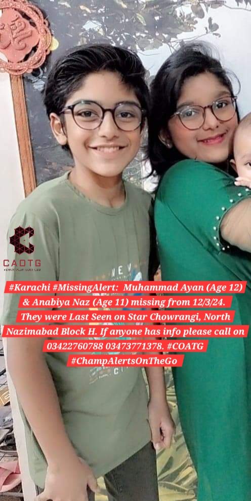shaheryarhassan's tweet photo. #Karachi #MissingAlert:  Muhammad Ayan (Age 12) &amp; Anabiya Naz (Age 11) missing from 12/3/24. 
They were Last Seen on Star Chowrangi, North Nazimabad Block H. If anyone has info please call on 03422760788 03473771378. #COATG #ChampAlertsOnTheGo https://t.co/ZImQH0jIvn