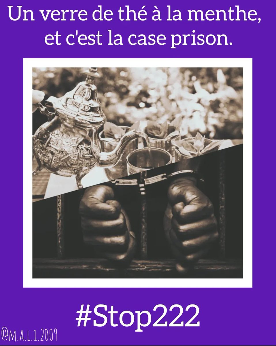 MALImaroc's tweet photo. " Toute personne notoirement connue pour son appartenance à la religion musulmane qui rompt ostensiblement le jeûne dans un lieu public, sans motif admis par cette religion, est punie de un à six mois d'emprisonnement. "
Article 222 du Code pénal marocain. #RamadanKareem
#stop222 https://t.co/iXoo3xsoKE