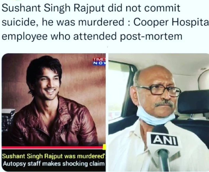 Facts Ignored InSSRCase One such fact is statement of RoopKumar Shah ji who was present when Sushant autopsy was done, said that he was murdered , there were multiple injuries & bruises on his body. Has CBI recorded his statement ? If yes then why delay to impose IPCsec302 ?