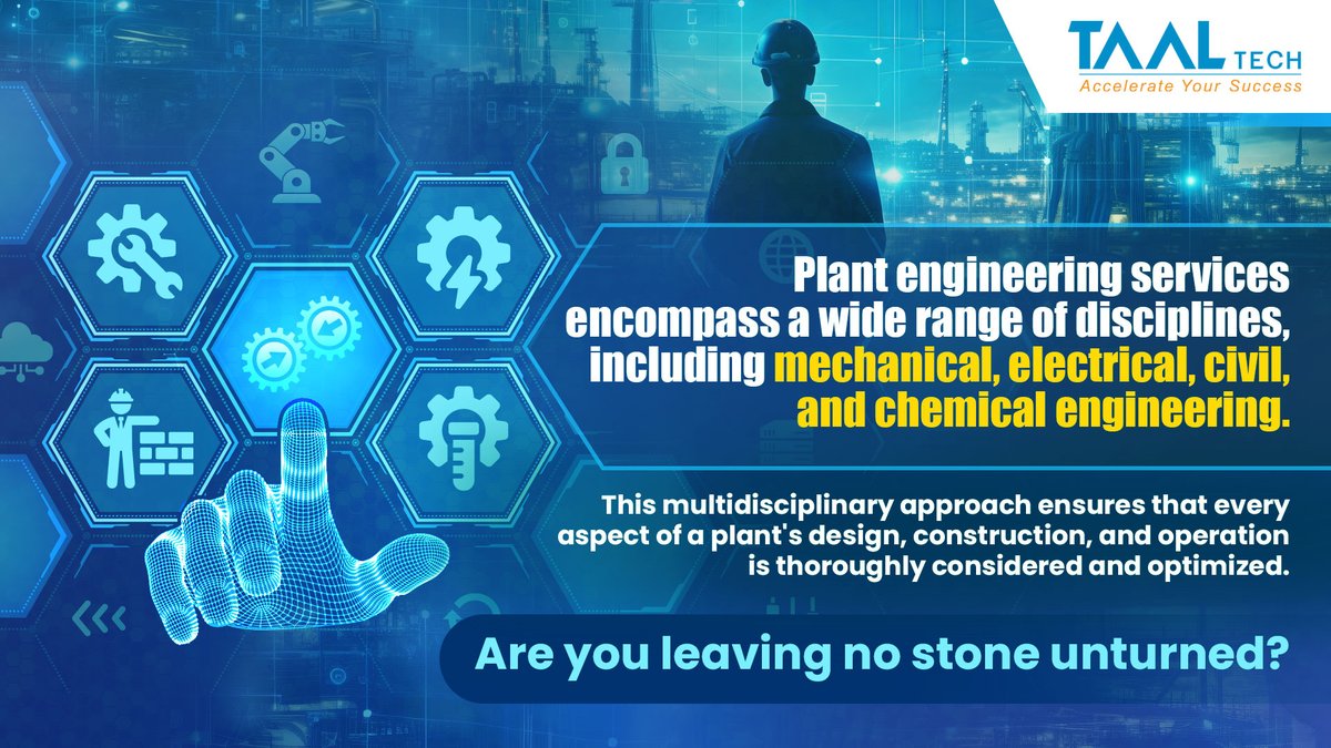 TAALTech's tweet image. Unlock the potential of seamless industrial operations with TAAL Tech&apos;s plant engineering services. We specialize in precision, innovation, and reliability, ensuring your plant achieves peak performance. Elevate your engineering excellence with us.

#plantengineering