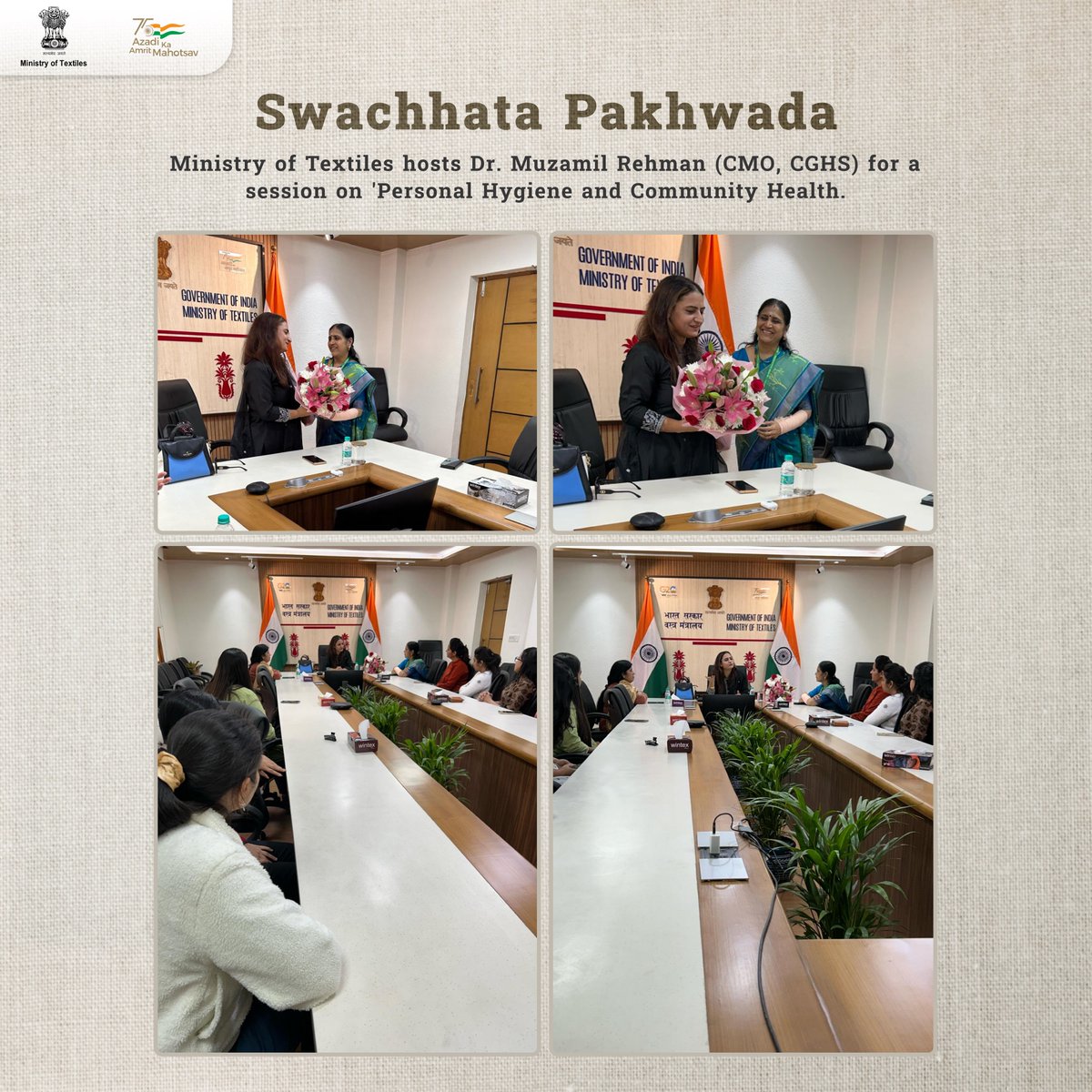 As a part of ongoing Swachhata Pakhwada, Dr. Muzamil Rehman (CMO, CGHS) held an enriching session with officers & officials of Ministry of Textiles on 'Personal Hygiene and Community Health,' fostering awareness and well-being among its members #SwachhataPakhwada