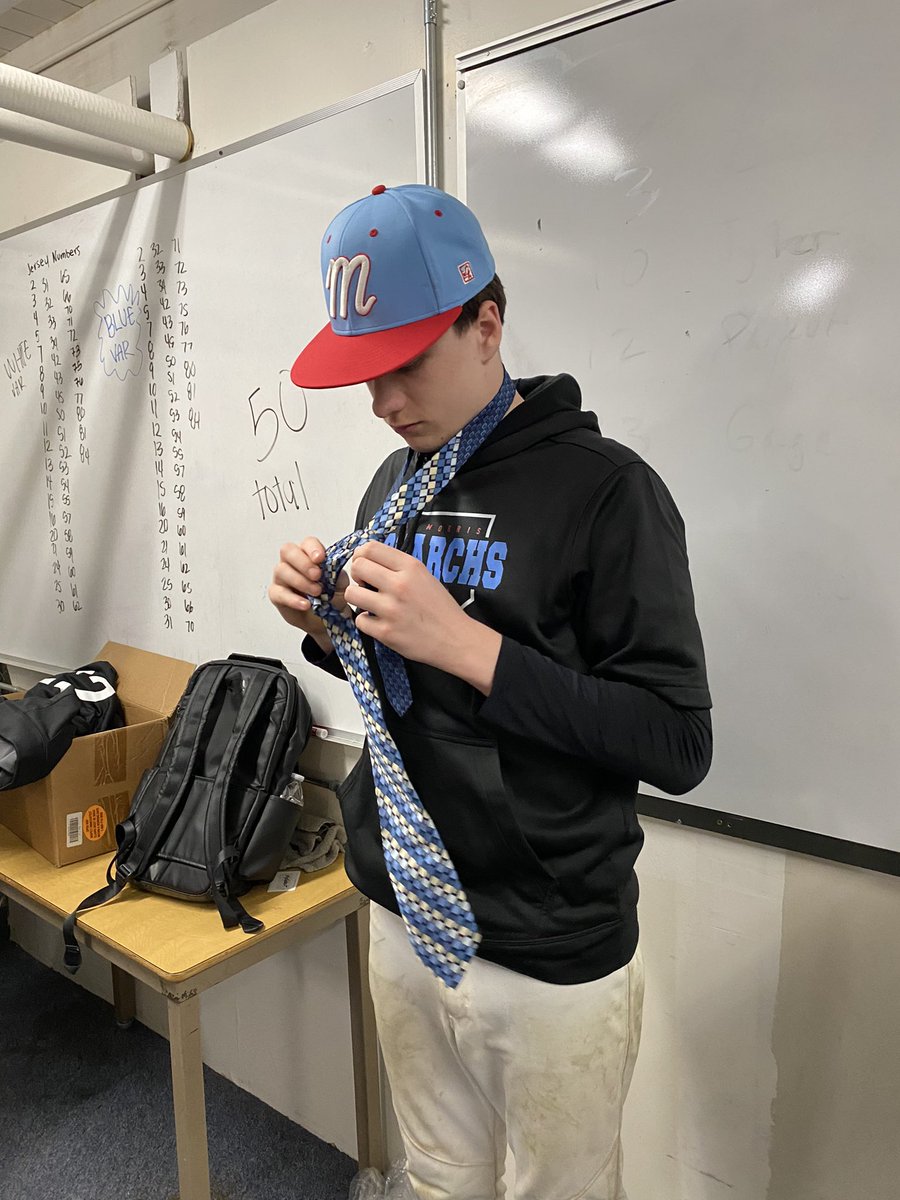 MMHSBaseball20's tweet photo. Thank you @CoachSheets3 for the idea on Tool Box Tuesday! The Monarch baseball program had their first Tool Box Tuesday of the season today. All 31 boys can successfully tie a tie. More life skills to come. Go Monarchs! https://t.co/EWAcFW9mWq