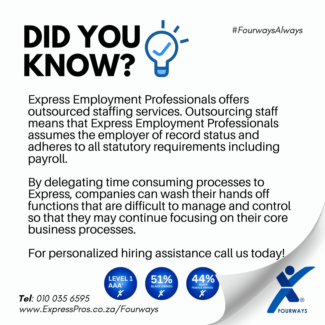 🌟 Did You Know? 🌟

#HiringSolutions #EvaluationHire #ExpressPros #StaffingSolutions #ExpressEmploymentPros #PeakSeasonHiring #RecruitmentServices #HireTheBest #humanresource #ExpressProsFourways #FourwaysAlways