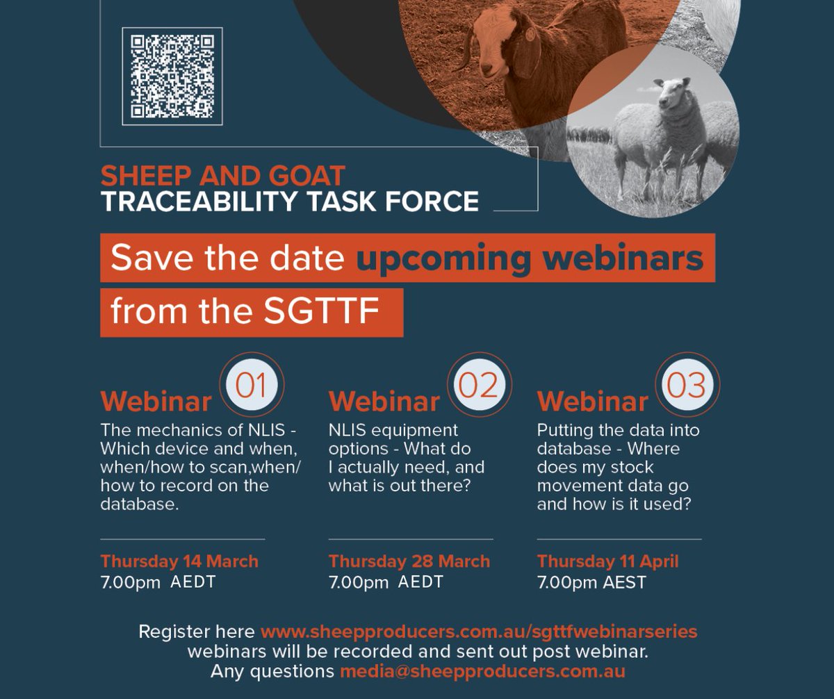 The next instalment of the Sheep and Goat Traceability Task Force webinars is coming up tomorrow, Thursday 14 March at 7pm AEDT.

Webinar 1 will cover the mechanics of NLIS. 

If you’d like to attend please register here: brnw.ch/21wHORk