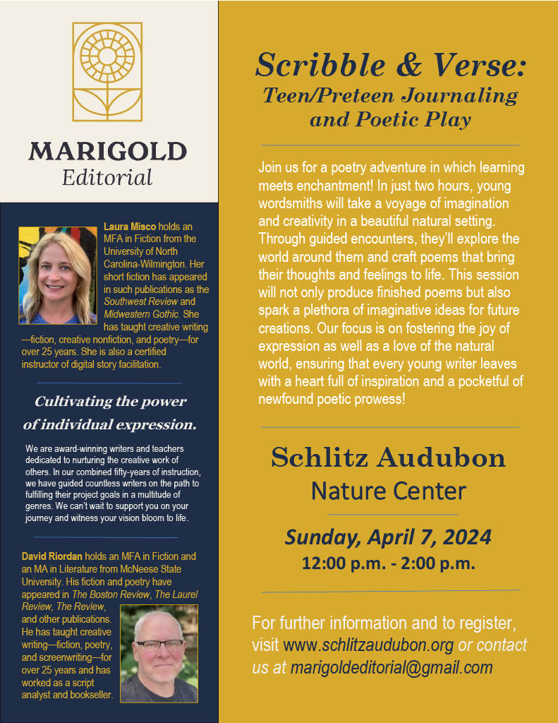 Marigold_Edit's tweet photo. April is National Poetry Month! Come celebrate with us at Scribble &amp; Verse, a teen/preteen poetry adventure at 12-2 p.m. on Sunday, April 7 at the Schlitz Audubon Center. To register, visit https://t.co/0aAh5Szo4t or contact us at marigoldeditorial@gmail.com https://t.co/gZMIc6lDAp