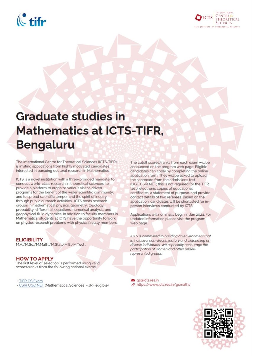Graduate Studies in Mathematics Program 2024 ICTS - TIFR, Bengaluru invites applications for pursuing doctoral research in Mathematics through CSIR UGC NET stream. Application deadline: March 20, 2024 Online Application Link: icts.res.in/gsm-how-to-app… Contact: gs@icts.res.in