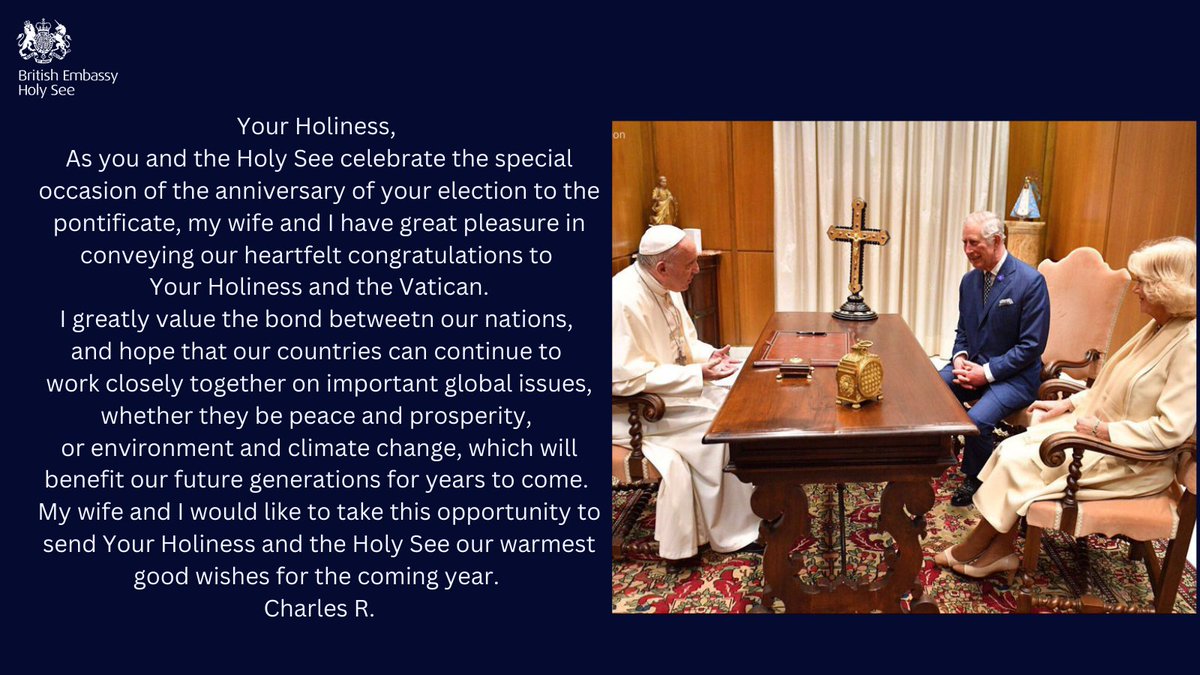 On the anniversary of Pope Francis' election HM The King has sent the attached message. We @UKinHolySee echo his message of congratulations.