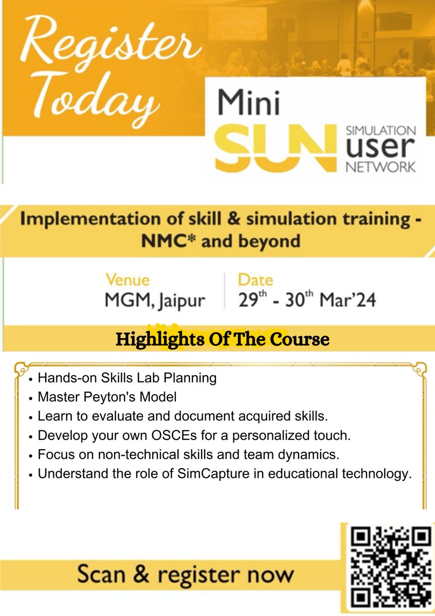 Elevate your simulation experience at MiniSUN conference! 
🚀  Join us on March 29th & 30th, 2024, at MGM, Jaipur. Gain hands-on learning, insights from simexperts, and connect with peers.
   📷 Register now: lnkd.in/gc2x9m4Q 

#helpingsavelives #MiniSUN2024 #Simulation