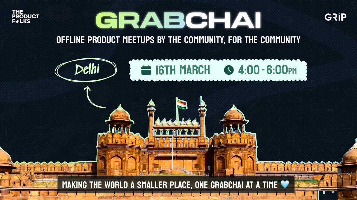 This is your chance to meet like-minded folks in the product ecosystem and network with them for FREE 👇 🤝 Join us for the upcoming Grabchai powered by @gripinvest in Gurugram 📅 March 16th, Saturday ⏰ 4:00 PM- 6:00 PM 🫶 Register here: lu.ma/TPFDelhi