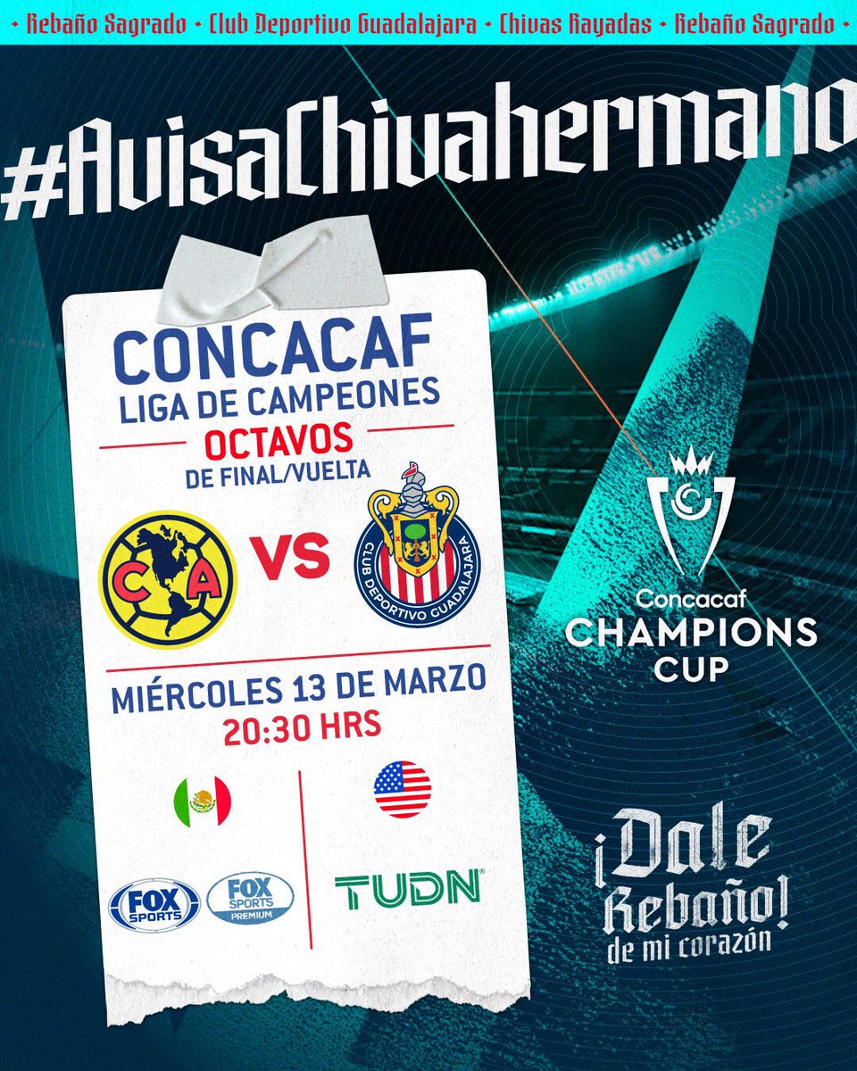 Hoy se juega la vuelta de los octavos de final de <a href="/TheChampions/">Concacaf Champions Cup</a> 🔴⚪️

#AvisaChivaHermano que podrás apoyarnos por las señales de:
🇲🇽 <a href="/FOXSportsMX/">FOX Sports MX</a> 
🇺🇸 <a href="/TUDNUSA/">TUDN USA</a>
