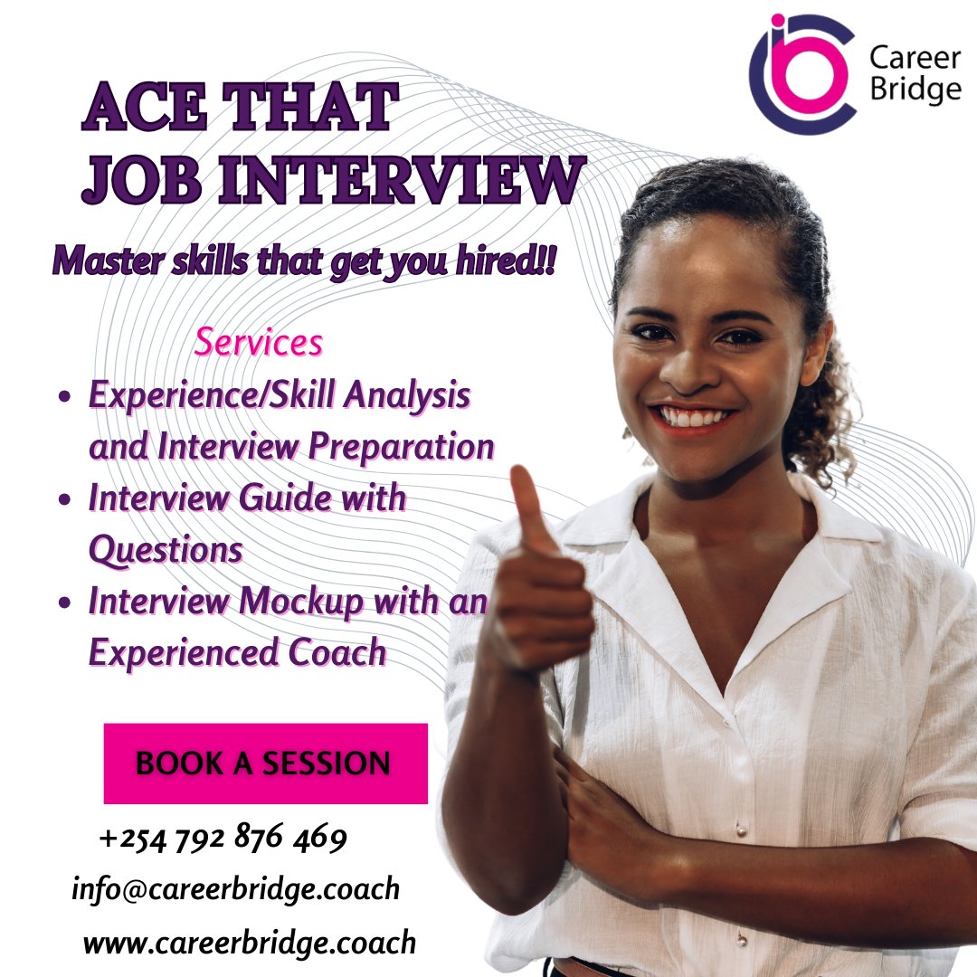 Did you just secure that career-defining interview?

 Book your session now and step confidently into your future.
📞 Contact us: 0792876469 | info@careerbridge.coach   |  careerbridge.coach

 #interviewcoaching  #jobinterviewprep #confidencebuilding #careerdevelopment