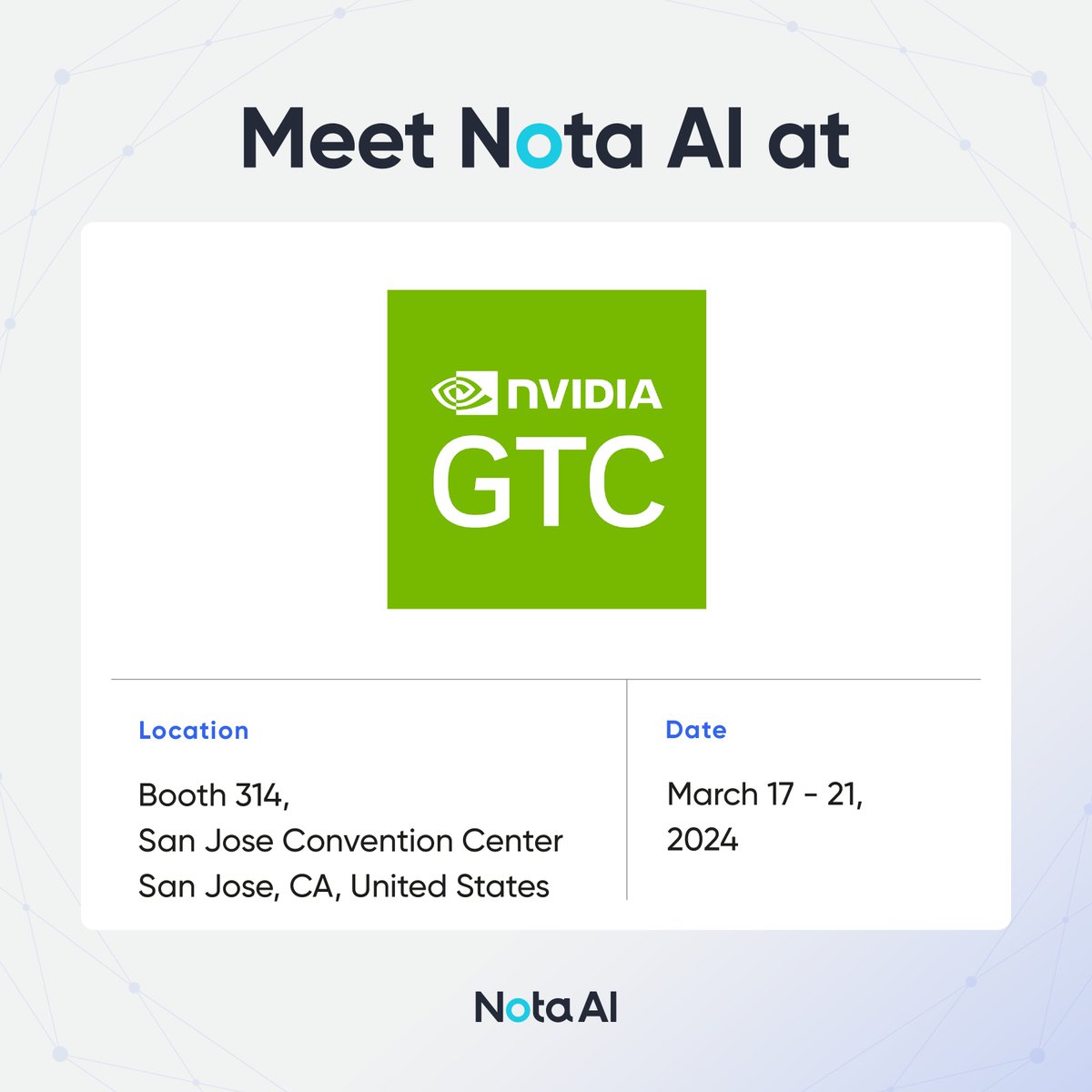 Get ready for #NotaAI at #GTC24! 🌟 Visit booth #314 and be blown away by the next era of AI optimization with NetsPresso® integrated with NVIDIA TAO. Also experience our VLM technology through a live demo. See you at NVIDIA GTC 2024! 👋🏻