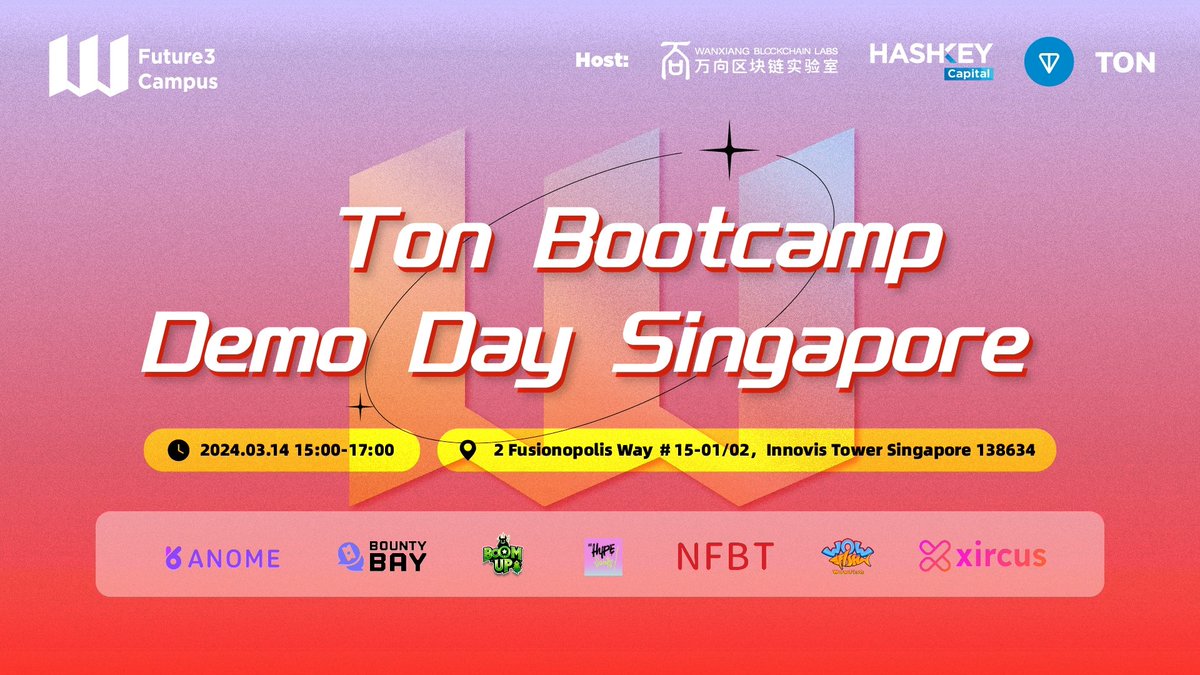 Mark your calendars for the #TON Bootcamp Demo Day Singapore! @WXblockchain @ton_blockchain @HashKey_Capital 🗓️15:00-17:00, March 14 📍2 Fusionopolis Way #15-01/02, Innovis Tower Singapore 138634 Get ready to connect! forms.gle/ZYuyKLRQvRT5yx…