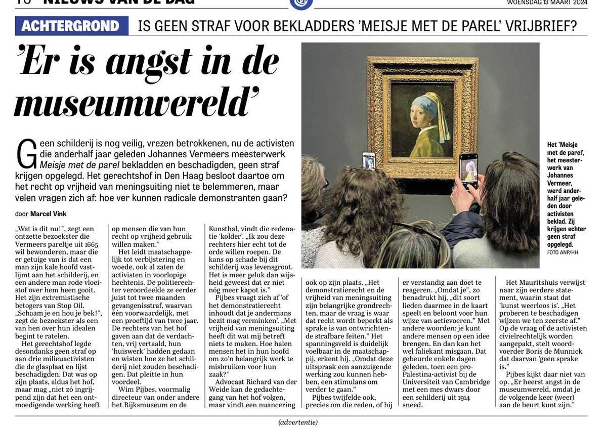 Het Haagsch hof geeft in een niet te aanvaarden beslissing een vrijbrief aan radicale demonstranten om kunst te vernielen. #meisjemetdeparel #mauritshuis