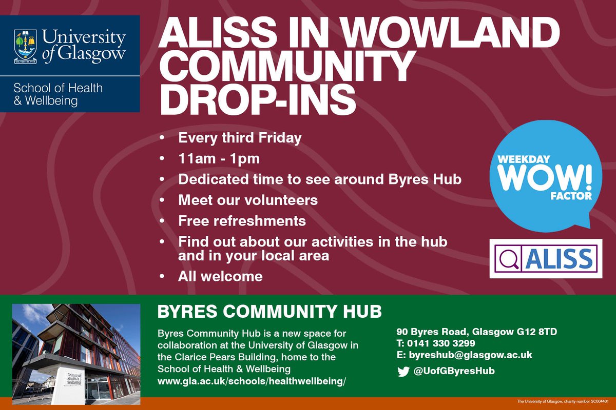 Community drop in this Friday 15th March 11am - 1pm, 90 Byres Road. @WeekdayWOW @ALLIANCEScot @UofGSHW @UofGlasgow