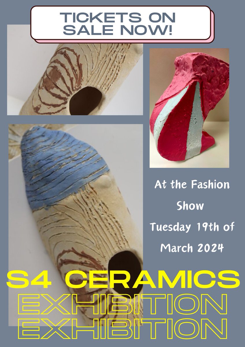 📣 Ceramics Showcase 📣 As part of the Fashion Show, the S4 Creative Industries class have planned a Ceramics Showcase of their clay skills. Entry included with Fashion Show tickets - get yours from the Art department for just £2! @stninianshigh #celebratecreativity