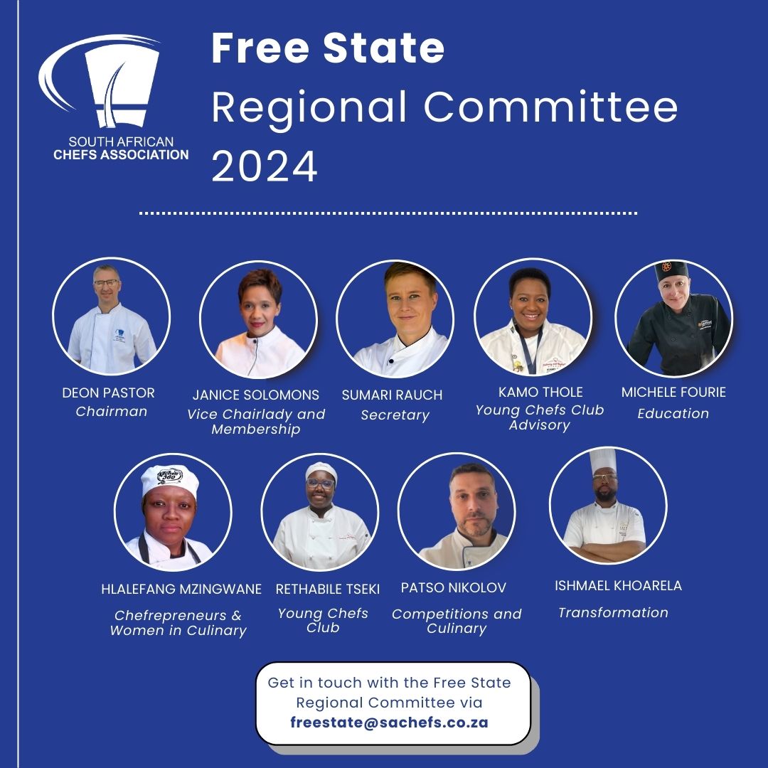 Introducing the Free State Regional Committee for 2024! 👨🏽‍🍳👩🏼‍🍳 🇿🇦

To become a part of the dynamic team, reach out to freestate@sachefs.co.za. 

#SAChefs50Years #SAChefsRegionalCommittee #SAChefsFreeState