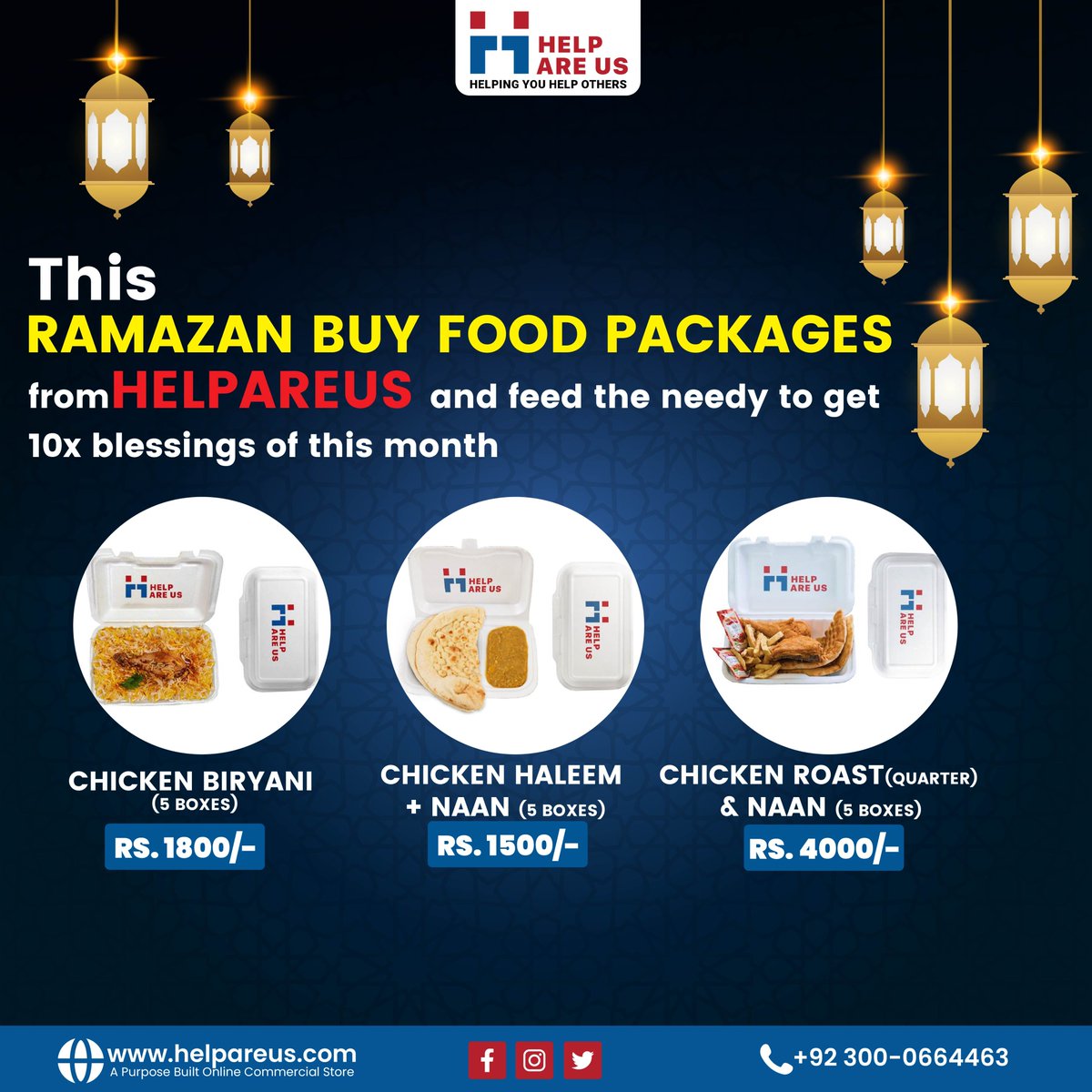 helpareus's tweet photo. Spread the joy of giving this Ramadan with HelpAreUs! Choose from our food packages and help needy this month:
Chicken Biryani (5 boxes)
Chicken Haleem and Naan (5 boxes)
Chicken Roast (quarter) and Naan (5 boxes)
#helpareus #helpothers #help #food #ramadankareem #Ramadan2024 https://t.co/5EgTYdtwMq