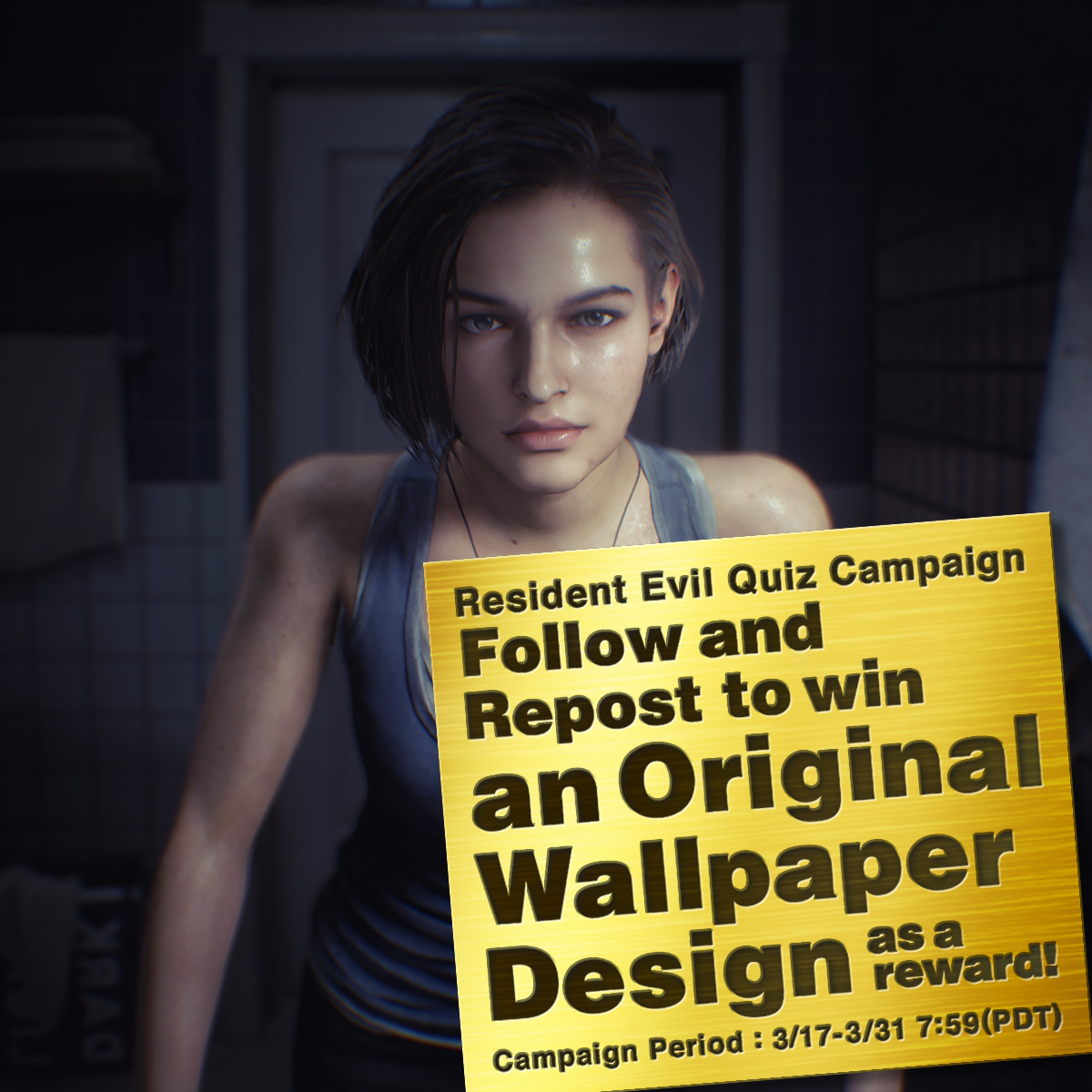 REBHPortal's tweet photo. Resident Evil Quiz Campaign Day 3

The protagonist of Resident Evil 3 is Jill...what?
A: Valentine　B: Sandwich

To answer:
1) Follow @REBHPortal
2) Repost by 3/20 7:59 PM
3) Answers will be sent via reply; winners will get a reply with wallpaper

Terms: https://t.co/kVPzzAJtf5 https://t.co/Be06jMfUR4